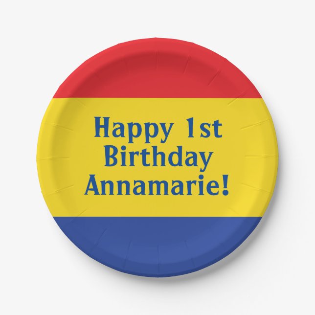 Rotes Gelbblau Erstgeburtstag Party Pappteller (Vorderseite)