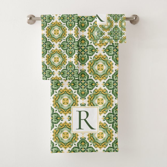 Rotes geometrisches, mediterranes Monogramm Badhandtuch Set (Insitu)