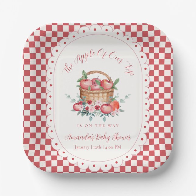 Rotes Gingham-Blumen-Ernte-Apfel-Baby-Party  Pappteller (Vorderseite)