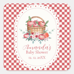 Rotes Gingham-Blumen-Ernte-Apfel-Baby-Party Quadratischer Aufkleber
