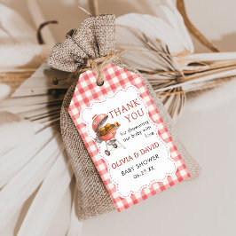 Rotes Gingham-Burger-BBQ-Baby-Shower-Geschenkkarte Geschenkanhänger