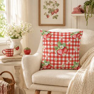 Rotes Gingham-Erdbeer-Cottagecore-Farmhouse Kissen