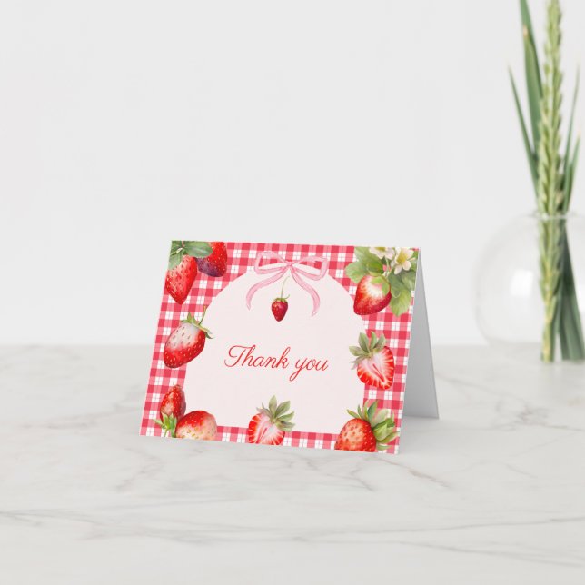 Rotes Gingham-Erdbeeren-Baby-Shower Dankeskarte (Vorderseite)