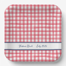 Rotes Gingham-Karo für den 4. Juli Pappteller