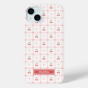 Rotes Gingham mit Kirschen und Schleifen Monogramm Case-Mate iPhone Hülle