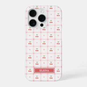 Rotes Gingham mit Kirschen und Schleifen Monogramm iPhone 16 Pro Hülle