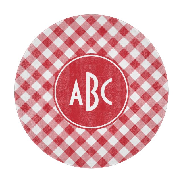 Rotes Gingham-Monogramm Schneidebrett (Vorderseite)