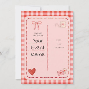 Rotes Gingham-Rosa-Postkartenband-Herz Einladung