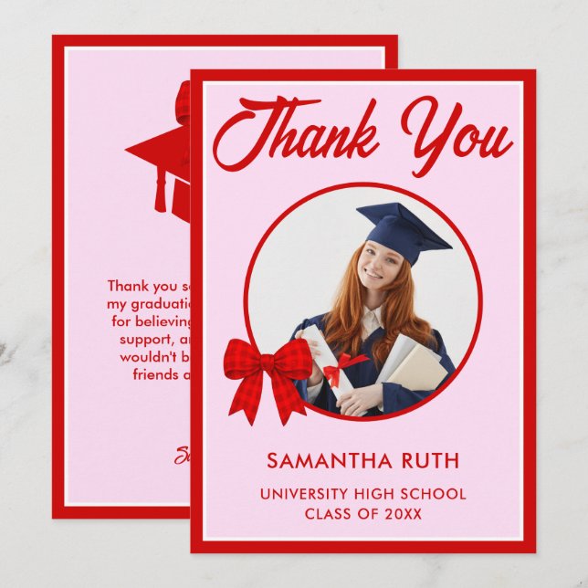 Rotes Gingham-Schleifen-Foto-Abschlussfeier Dankeskarte (Vorne/Hinten)