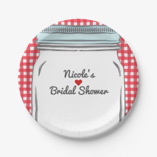 Rotes Gingham und blauer Mason-Glas-Rost-Landruts- Pappteller
