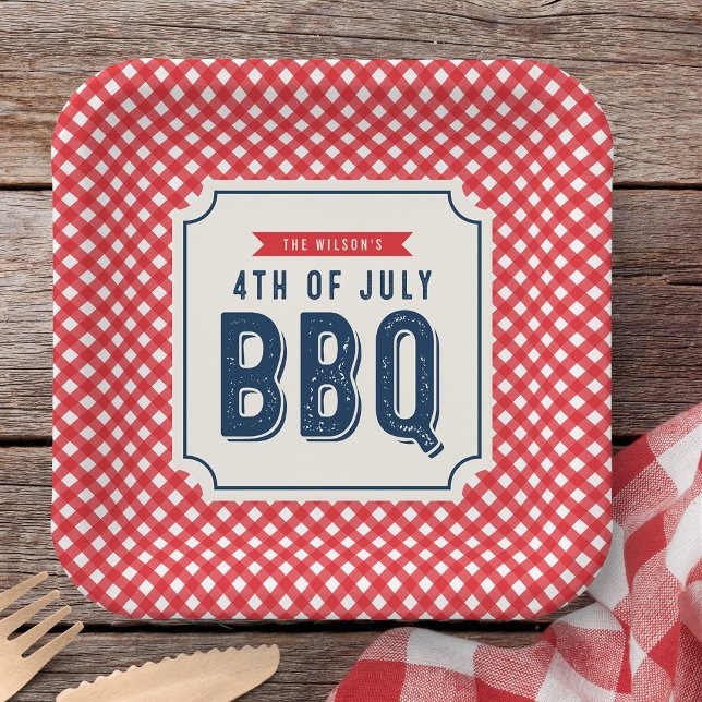 Rotes Gingham und blaues 4. Juli BBQ  Pappteller (Von Creator hochgeladen)
