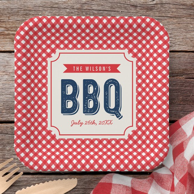 Rotes Gingham und blaues Sommer-BBQ Pappteller (Von Creator hochgeladen)