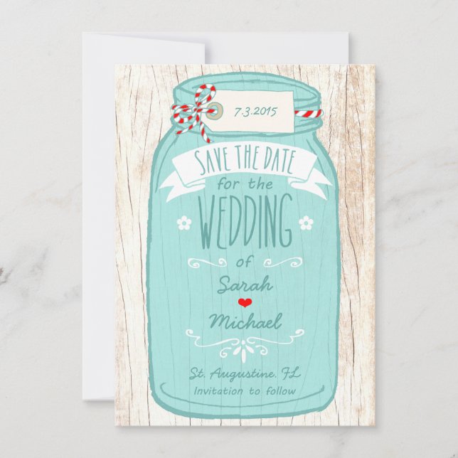 Rotes Gingham- und Minz-Mason-Glas-Save-the-Date Save The Date (Vorderseite)