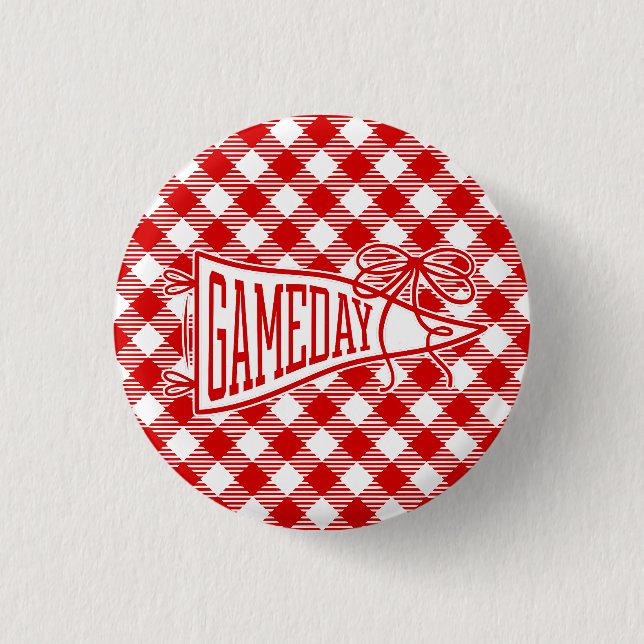 Rotes Gingham-Wimpel-Bow für den Spieltag Button (Vorderseite)