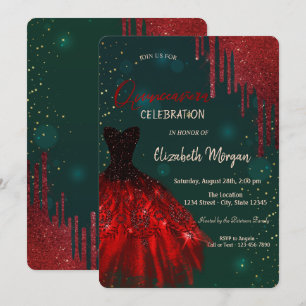 Rotes Glitter-Tropfen-Kleid Grüne Quinceañera Einladung