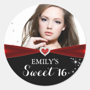 Rotes Glitzer-Herz-Foto Sweet Sixteen Aufkleber