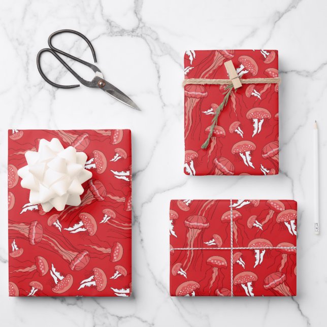 rotes, glühendes Quallenmuster Geschenkpapier Set (Vorderseite)