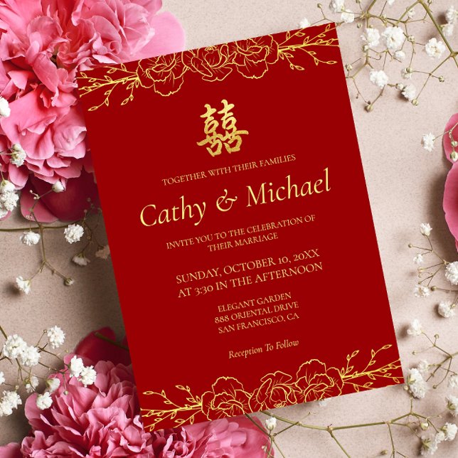 Rotes Gold Blumengrenze Chinesische Hochzeit Doppe Einladung (Traditional Chinese wedding invitation red gold double happiness invite floral)