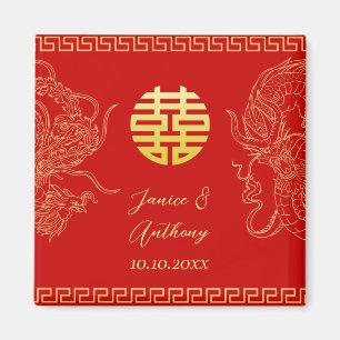 Rotes Gold Chinesischer Hochzeitdrache und Phönix Magnet