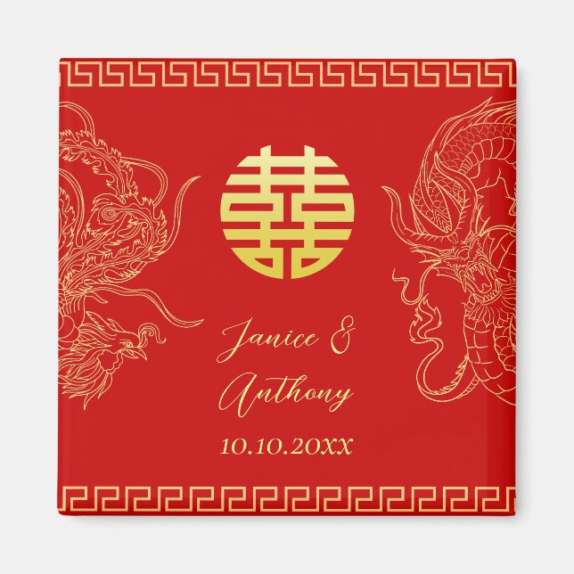 Rotes Gold Chinesischer Hochzeitdrache und Phönix Magnet (Vorne)