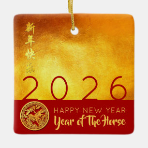 Rotes Gold Chinesisches Pferd-Papierschnitt 2026 S Keramikornament