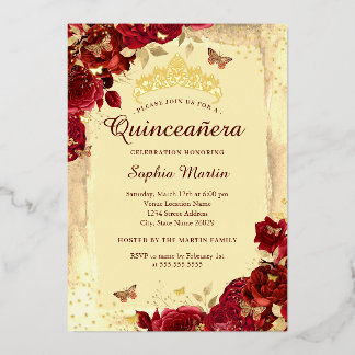 Rotes Gold Elegante Blumenschmetterling Quinceaner Folieneinladung