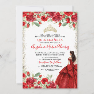 Rotes Gold Florales Quinceanera Einladung