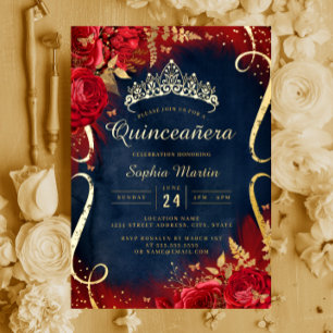 Rotes Gold Florales Scrollen Navy Quinceanera  Folieneinladung