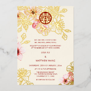 Rotes Gold  Pinke Kirschblüten Chinesische Hochzei Folieneinladung