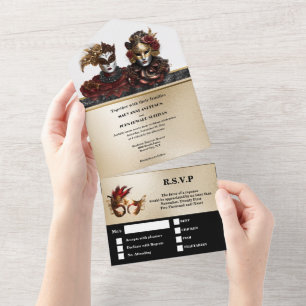 Rotes Gold schwarze Maskerade Hochzeit Karneval Ch All In One Einladung