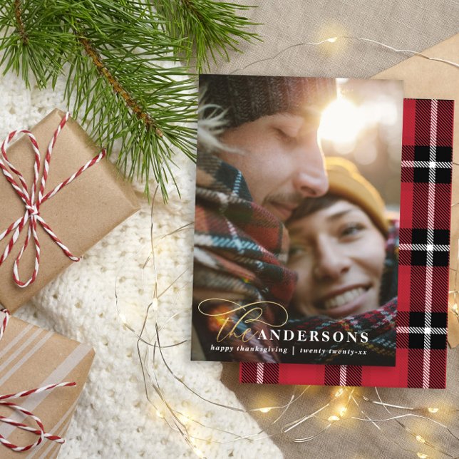 Rotes Gold-Script kariert Erntedank 1 Foto Feiertagskarte (Von Creator hochgeladen)