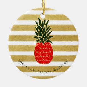 Rotes Gold und grünes Weihnachtstropische Ananas Keramikornament