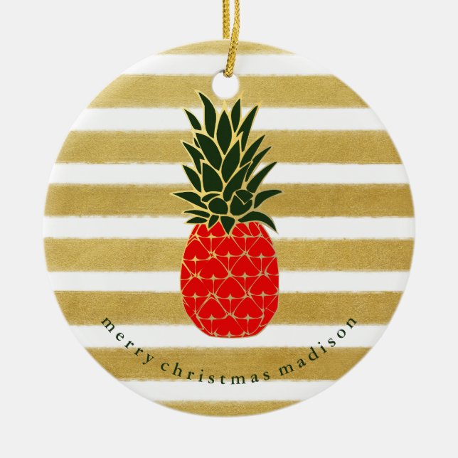 Rotes Gold und grünes Weihnachtstropische Ananas Keramikornament (Vorne)
