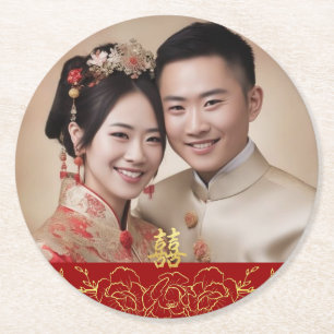 Rotes goldenes Blumen-Chinesisches Hochzeitsfoto D Runder Pappuntersetzer
