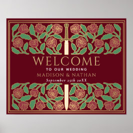 Rotes Goldenes Floralschwert Königliche Hochzeits- Poster