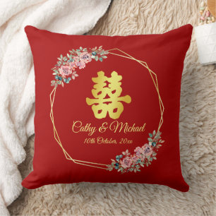 Rotes goldenes geometrisches Blumenkranz chinesisc Kissen