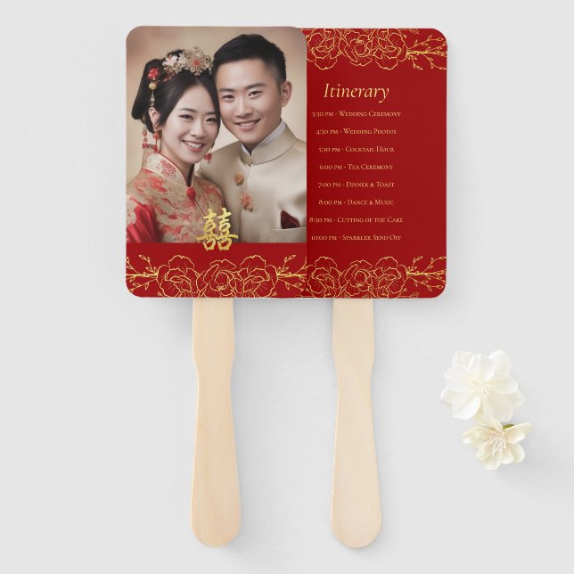 Rotes goldfarbenes Foto Chinesisches Hochzeitsprog Fächer (Vorne und Hinten)