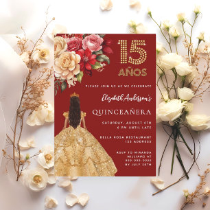 Rotes Goldkleid aus Quinceanera Rose Einladung