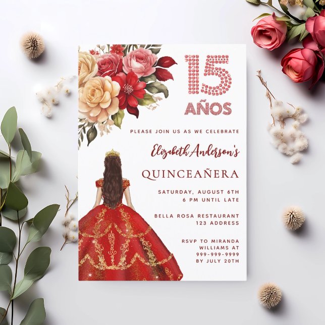 Rotes Goldkleid aus Quinceanera Rose weiß Einladung (Von Creator hochgeladen)