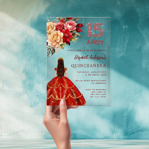 Rotes Goldkleid Blumen Rose klar Quinceanera Acryleinladungen
