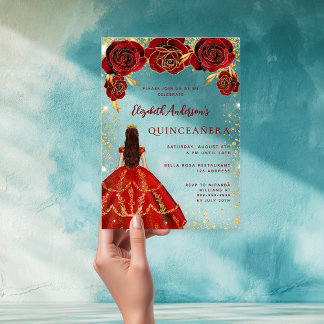 Rotes Goldkleid Blumen Rose klar Quinceanera Acryleinladungen