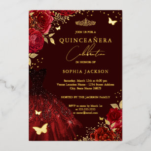 Rotes Goldkleid Floral Schmetterling Quinceanera  Folieneinladung