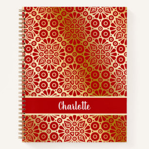 Rotes Goldmuster-Muster-Monogramm Notizbuch