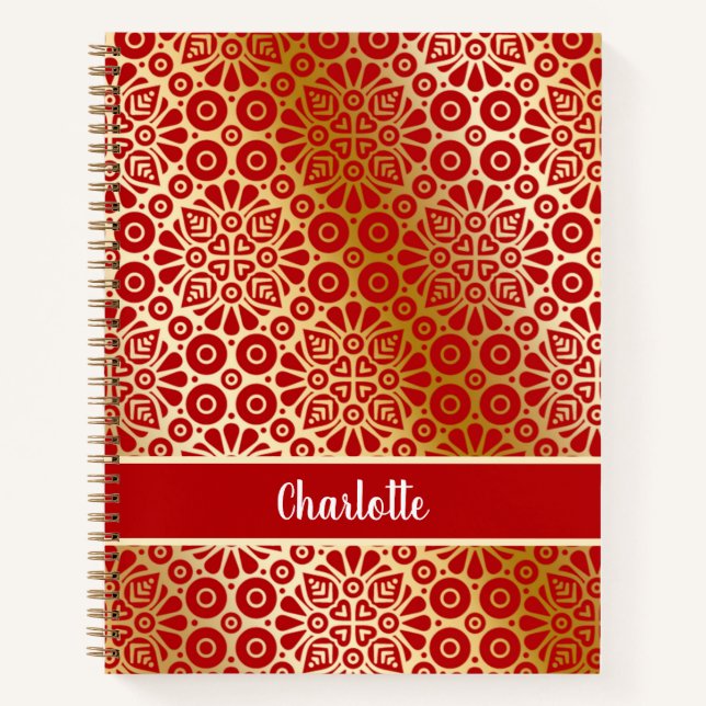 Rotes Goldmuster-Muster-Monogramm Notizbuch (Vorderseite)