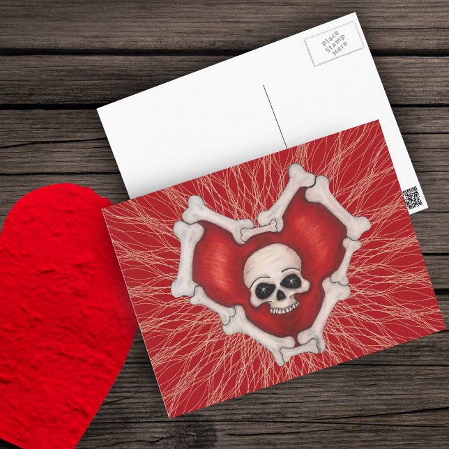 Rotes Gothisches Herz mit Knochen weißer Schädel a Postkarte (Gothic red heart outlined in white bones with skull on red with spidery lines on postcard.)
