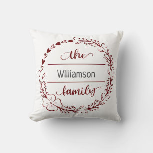 Rotes graues Monogramm Familienname Blumenkranz Kissen