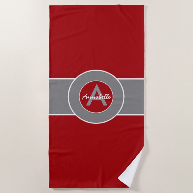 Rotes graues Monogramm personalisiert Strandtuch (Vorderseite)