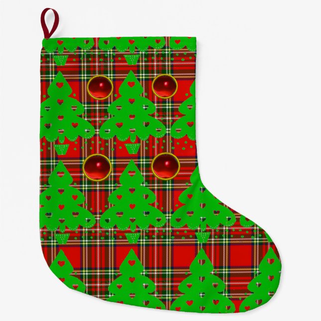 ROTES GREEN TARTAN, CHRISTMAS BAUM MIT HERZEN GROßER WEIHNACHTSSTRUMPF (Vorderseite)