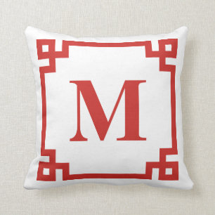 Rotes griechisches Schlüsselgrenzmonogramm Kissen
