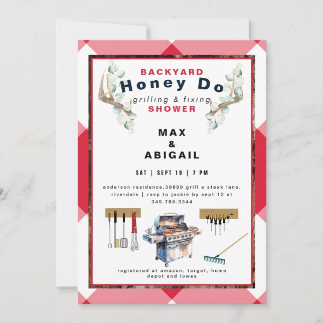 Rotes Grillen & Fixieren von Antlern Paare Dusche Einladung (Vorderseite)